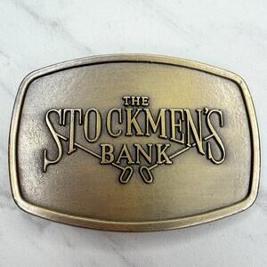 Vintage The Stockmen's Bank Belt Buckle Brass Tone Western ✨